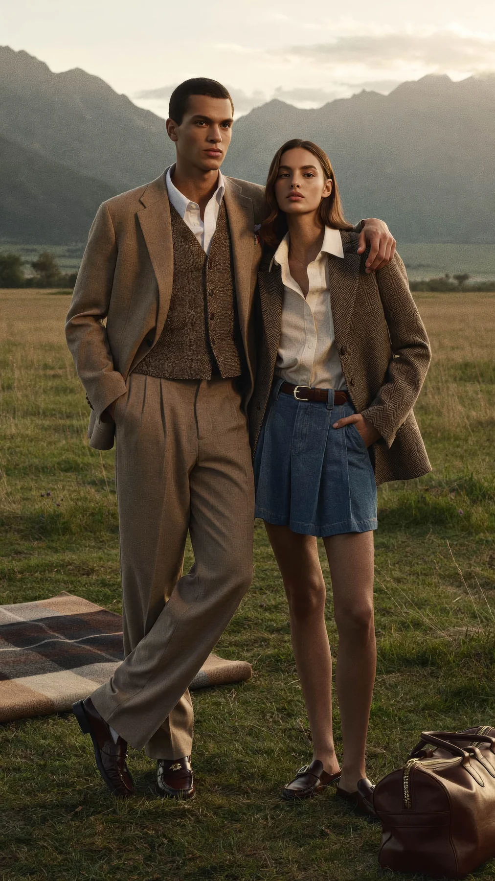 Fashion couple in neutral tailoring in an alpine field