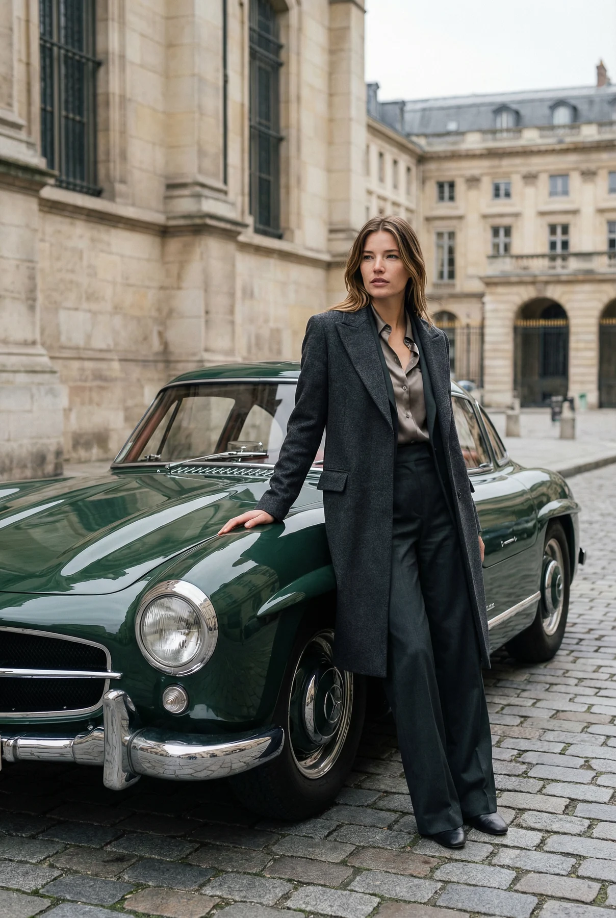 Woman in dark tailoring beside a vintage green car