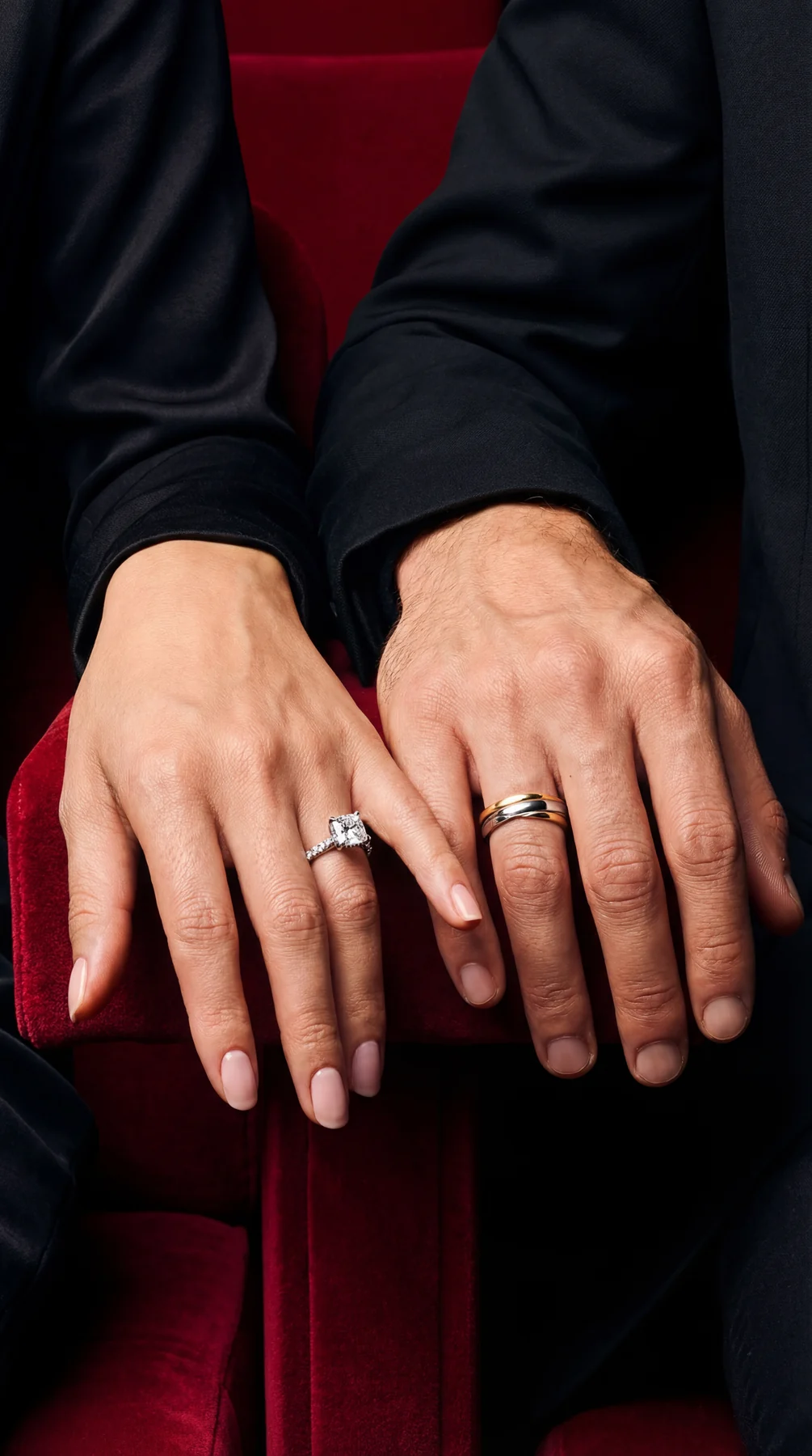 Fine jewelry hand detail against a red chair