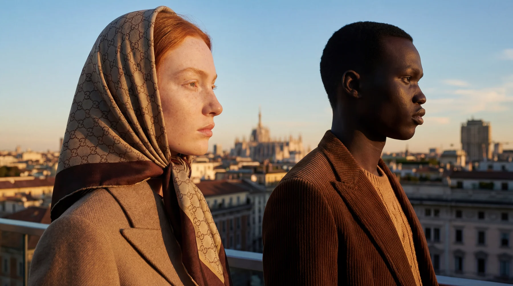 Two models in brown fashion at sunset