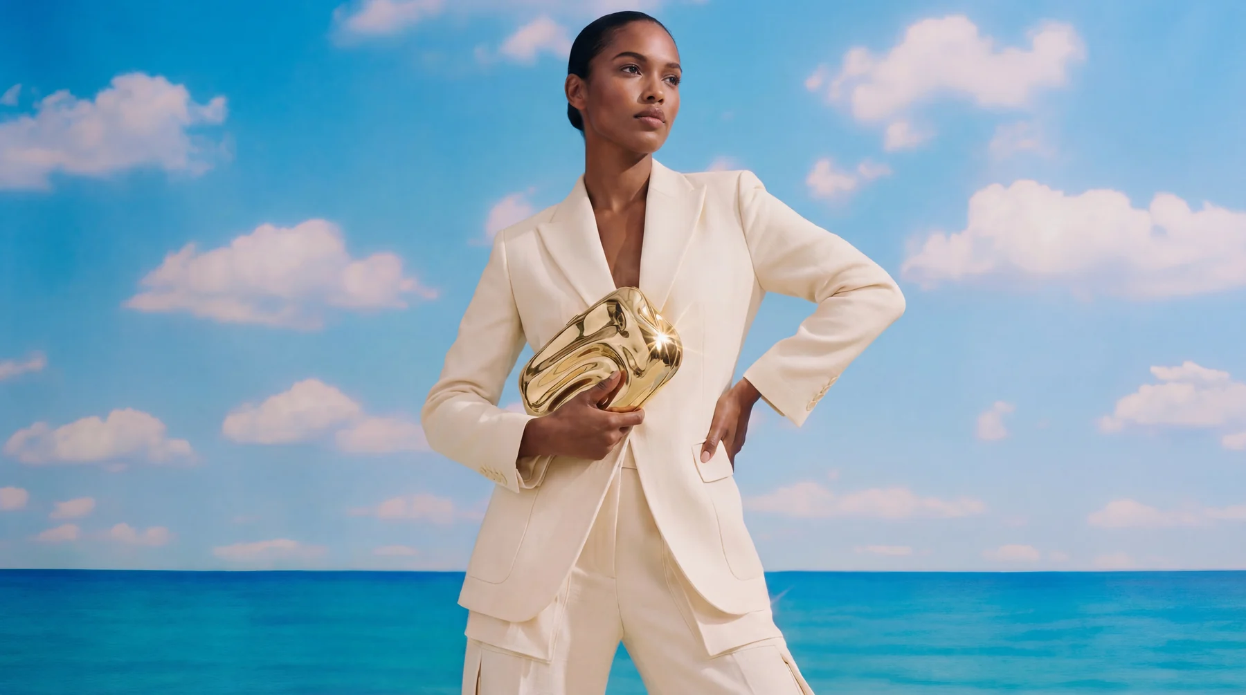 White tailoring and accessories against a blue seascape
