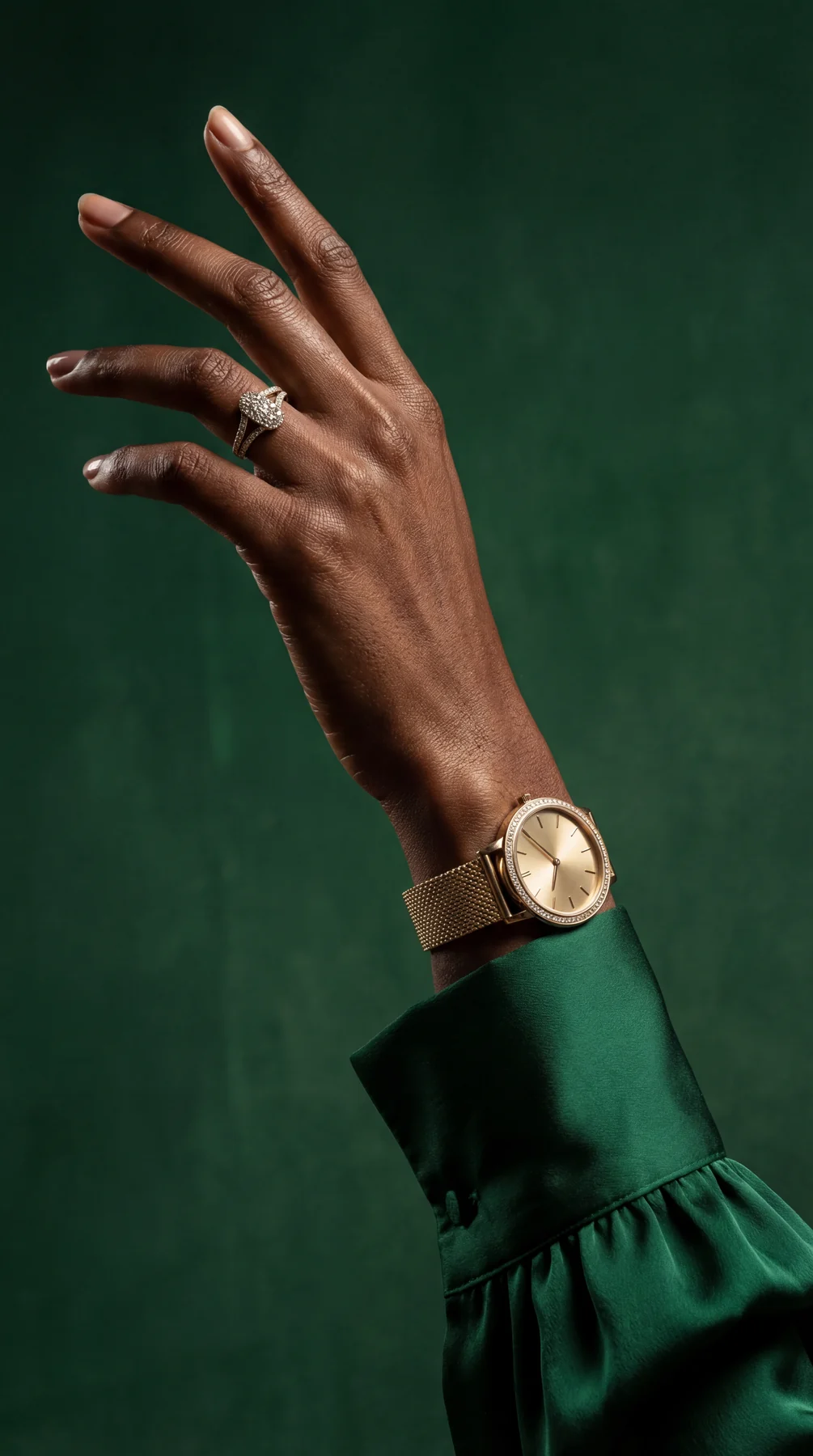 Watch and ring detail with emerald styling
