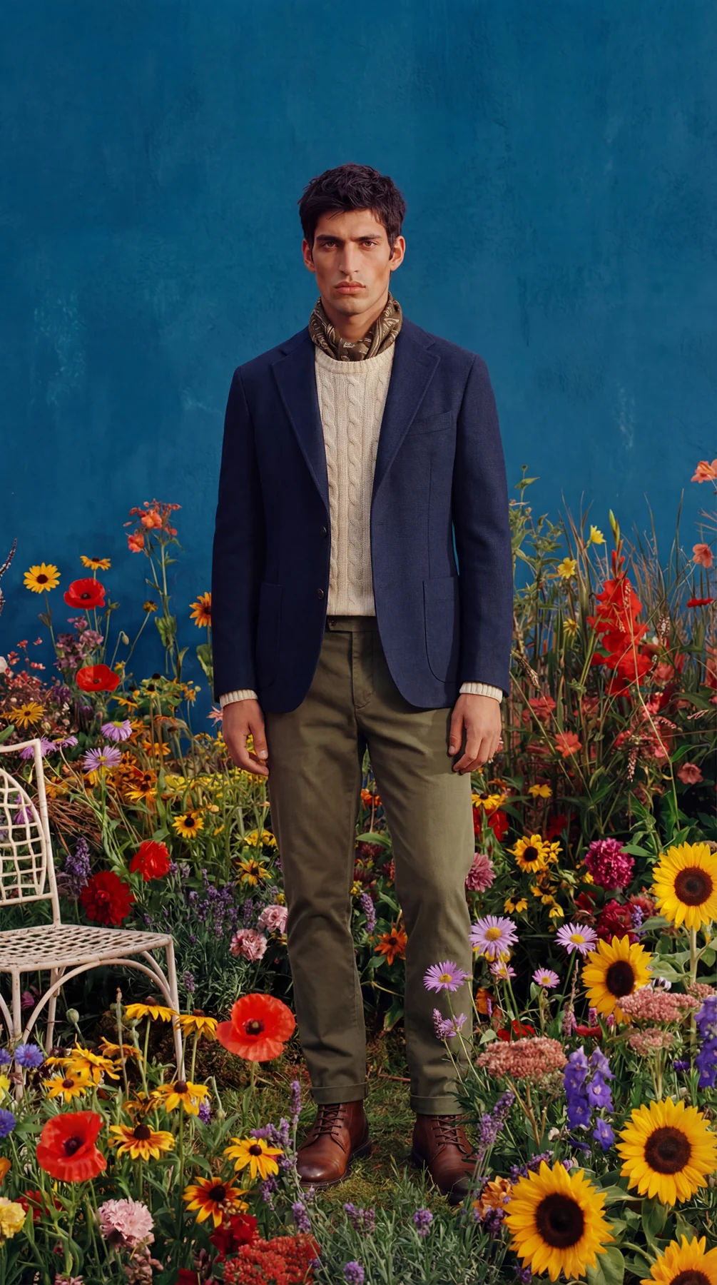 Menswear portrait in a flower garden