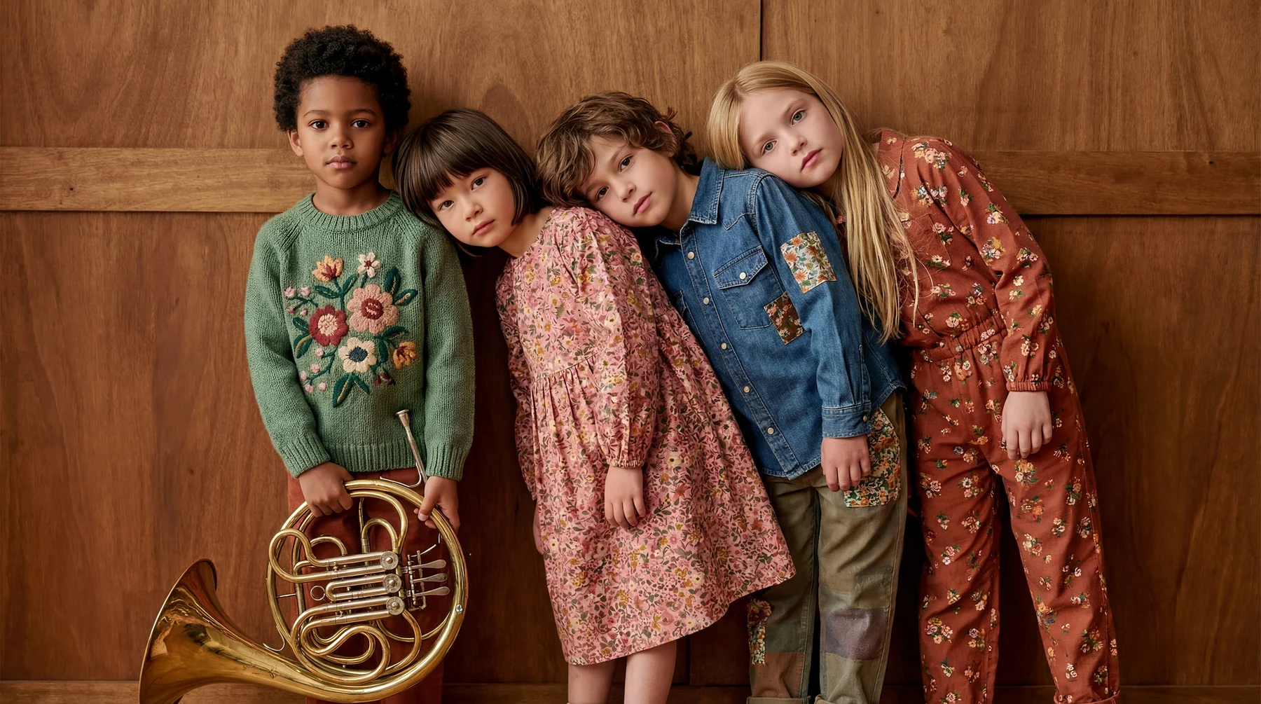 Group children editorial portrait in patterned clothing