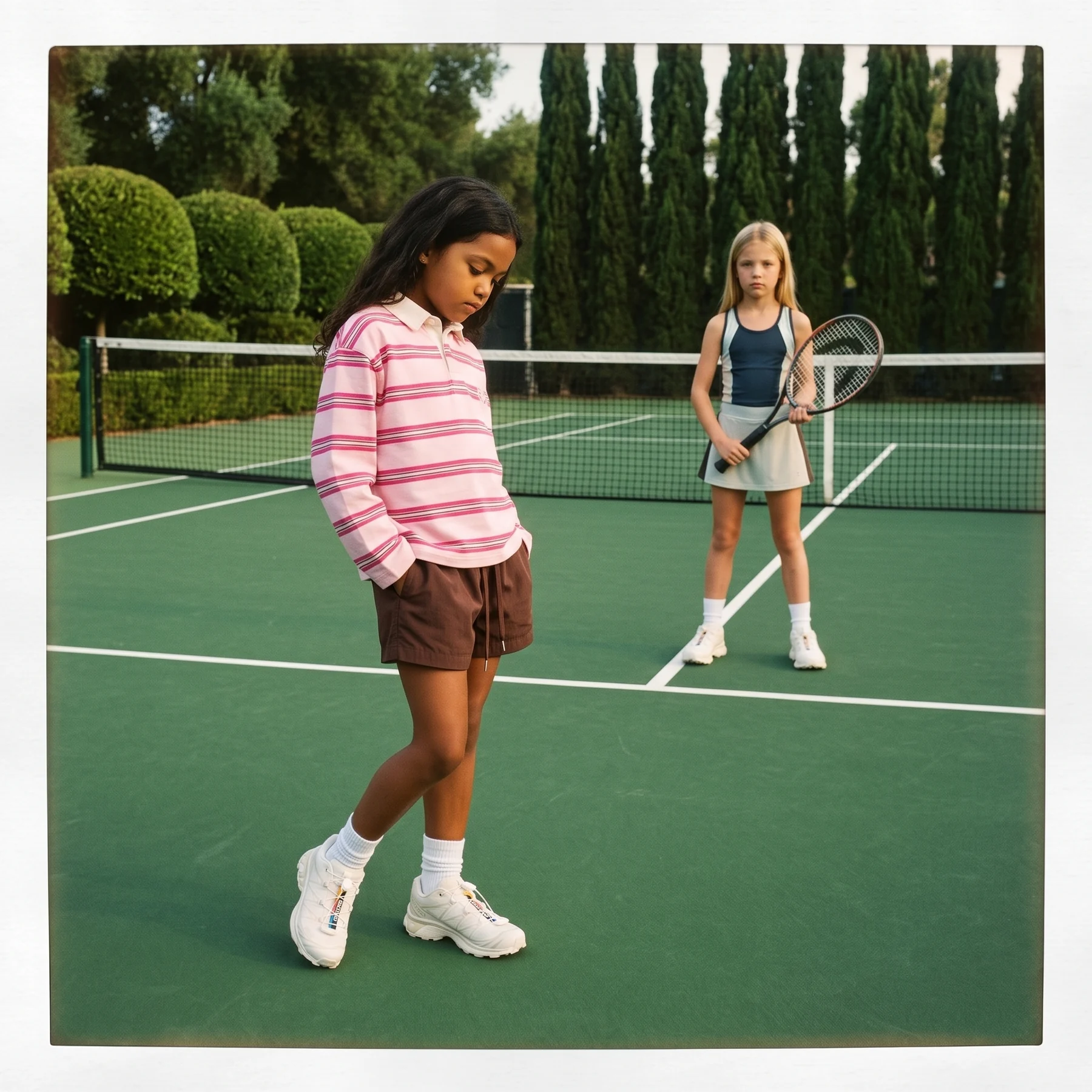 Youth tennis fashion editorial on a garden court